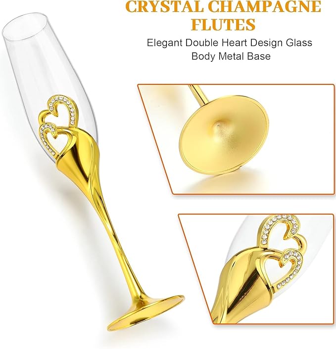 Elegant Wedding Champagne Flutes and Cake Knife Set, Features Rhinestone Rimmed Toasting Glasses and Cake Cutting Server for Couple’s Special Day (Silver) (Gold)