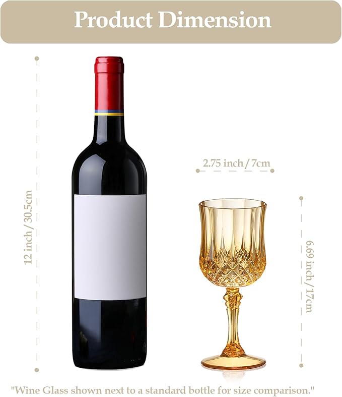 XUWAIDSGN 24 Pcs 7oz Plastic Vintage Wine Glasses Drinking Glasses Unbreakable Wedding Glassware Crystal Water Goblets Reusable Drinkware Vintage Champagne Flutes (24, Amber)