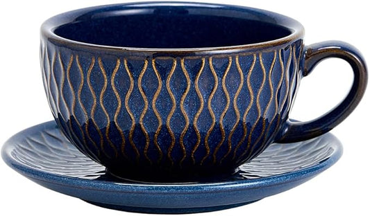 Vintage Design 12 oz Ceramic Latte Art Cappuccino Barista Cup with Saucer (Embossed Blue)