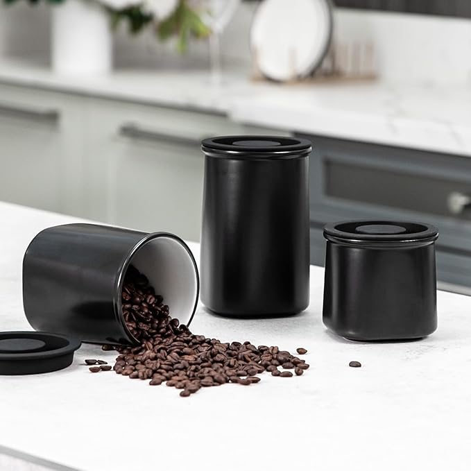 Nucookery Canisters Sets for the Kitchen Countertop, 3 Pcs Ceramic Jar with Silicone Lid, 40oz, 30oz, 20oz Food Storage Containers for Flour, Sugar, Coffee, Grains,Tea, Cookies, Dry Food Organization