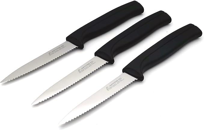 Kitchen Knife Set - MATTSTONE HILL Paring Knife Set, 4 Inch Serrated Utility Knife, Vegetable Knife Set, Slim Blade, Premium Stainless Steel, Semi Soft Handle, Black