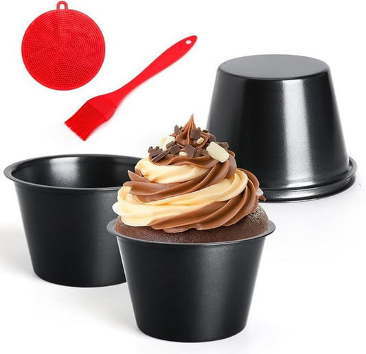 Popover Pans 4 Packs, Carbon Steel Pudding Cup Individual Muffin Cupcake Pan,Nonstick Large Round Oven Baking Egg Tart Molds for Cake with Oil & Dish Brush,Black(3.5"x2.2")