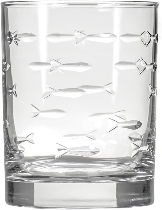 Rolf Glass School of Fish 13oz Double Old Fashioned Glass | Whiskey Glass Set of 4 | Lead-Free Glass | Engraved Tumbler Glasses | Designed and Engraved in the US