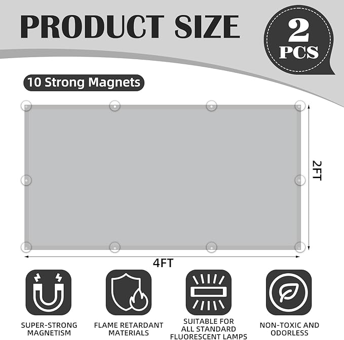2 Pcs Fluorescent Light Covers - 4 x 2 Feet Covers for Ceiling Lights, Magnetic Light Filters for Classroom, Office, Hospitals, Home