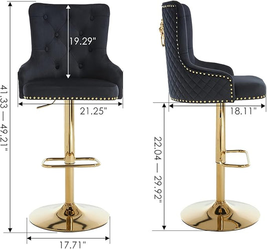 Velvet Gold Barstools Set of 2, Modern Counter Height Adjustable Swivel Stools Chairs with High Tufted Backrest Golden Base Lion Head Pull Ring Diamond Pattern Rivet Trim for Kitchen (Black)