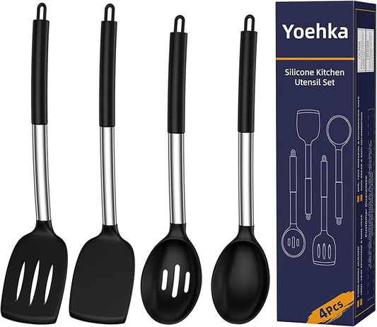 Yoehka Silicone Cooking Utensils Set for Nonstick Cookware, 4Pcs Heat Resistant Kitchen Silicone Spatula and Spoon Set with Stainless Steel Handle, Mixing, Flipping, Turning, Stirring, Black