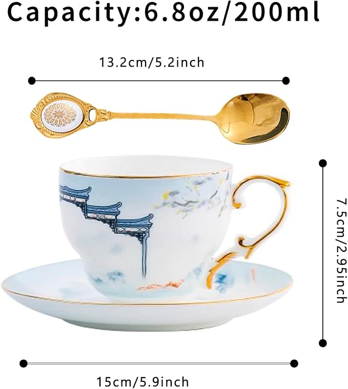 Vintage Tea Cup and Saucer Set, Bone China Cup with Gold Trim, Ceramic Coffee Cup with Saucer and Spoon, Dishwasher Safe, Food Grade Chinese Style Cup for Tea Party, Gifts Giving, 6.8 oz