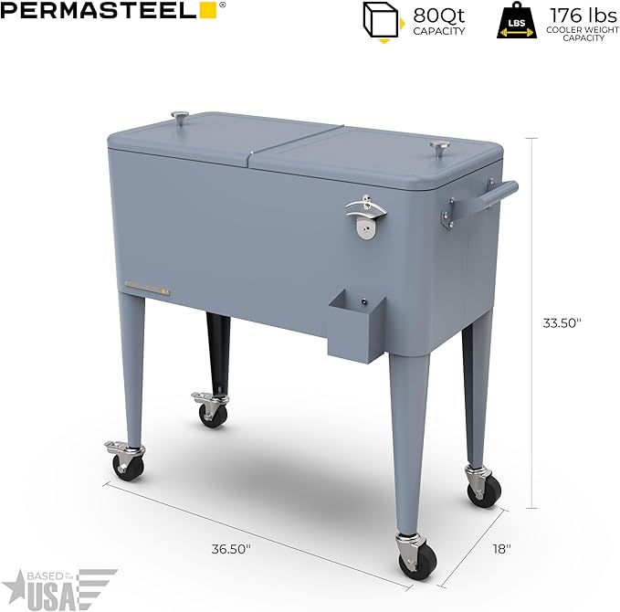 Permasteel 80 Quart Party Cooler, Rolling Ice Chest with Wheels and Handles for Indoor Outdoor Patio