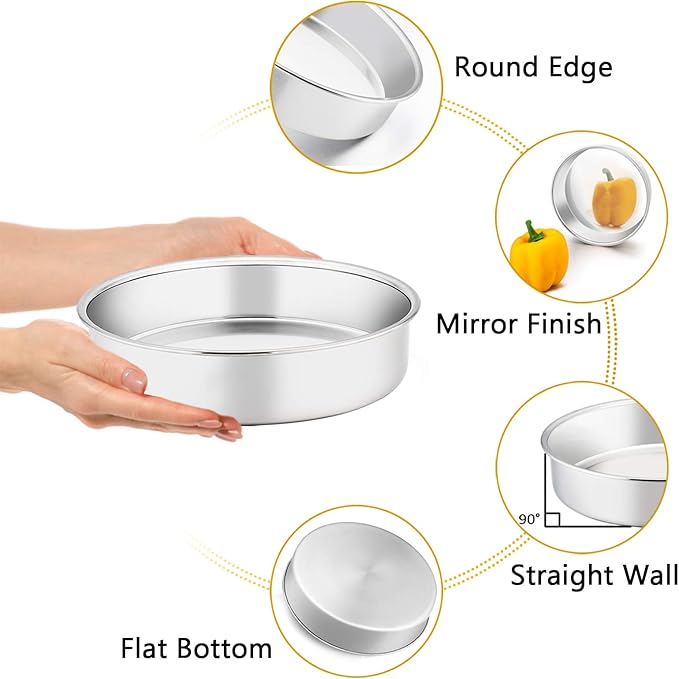 TeamFar 9½ Inch Cake Pan, Round Tier Cake Pans Set Stainless Steel for Baking Steaming Serving, Perfect for Birthday Wedding Celebrations, Healthy & Sturdy, Mirror Finish & Dishwasher Safe - Set of 2