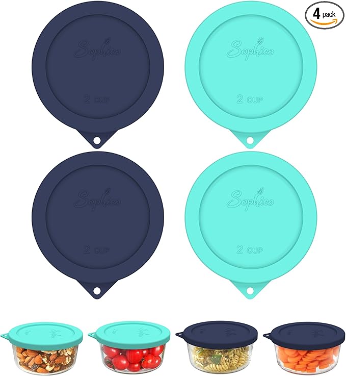 Sophico 2 Cup Round Silicone Storage Cover Lids Replacement for Anchor Hocking and Pyrex 7200-PC Glass Bowls (Container not Included) | Navy Blue-Mint | 4 Pack