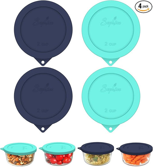 Sophico 2 Cup Round Silicone Storage Cover Lids Replacement for Anchor Hocking and Pyrex 7200-PC Glass Bowls (Container not Included) | Navy Blue-Mint | 4 Pack