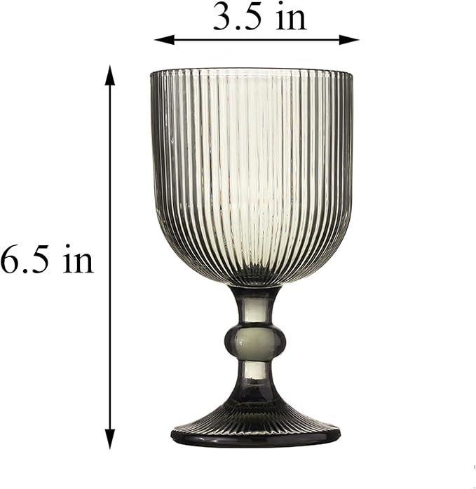 Vintage Wine Glasses Set of 6, 11 Ounces Colored Glass Water Goblets, Unique Embossed Pattern High Clear Stemmed Glassware Wedding Party Bar Glass Drinking Cups Fancy Glasses Vertical Line Grey