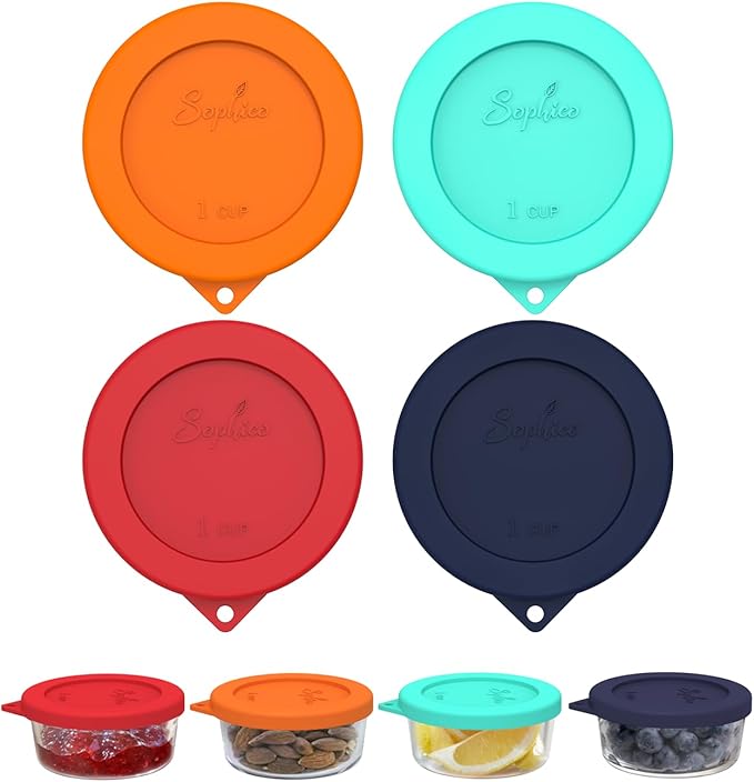 Sophico 1 Cup Round Silicone Storage Cover Lids Replacement for Anchor Hocking and Pyrex 7202-PC Glass Bowls (Container not Included) (Mix - 4 pack)