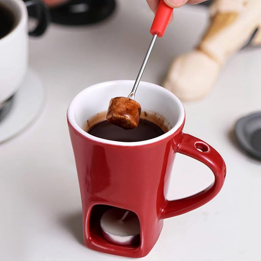Homaisson Ceramic Chocolate Fondue Mug, Chocolate Melting Mug, Red Ceramic Cup for Melting Chocolate, Cheese, or Butter, Includes Fork and Candle Holder, Great for Parties and Presents
