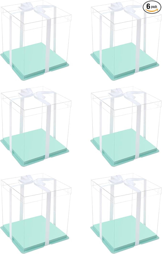 XININSUN clear cake box with ribbon,8inch 10inch cake boxes,transparent tall cake box cake carrier,Cake Containers clear gift box for Wedding,Birthday,Party(6pcs-green)
