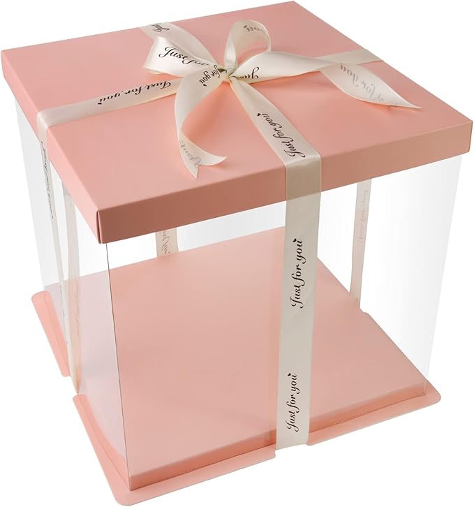4 Pack Clear Cake Box Carrier 10" X 10" X 9" Cake Packaging Container with Ribbon Transparent Boxes with Lid Gift Package for Birthday Wedding Party, Pink