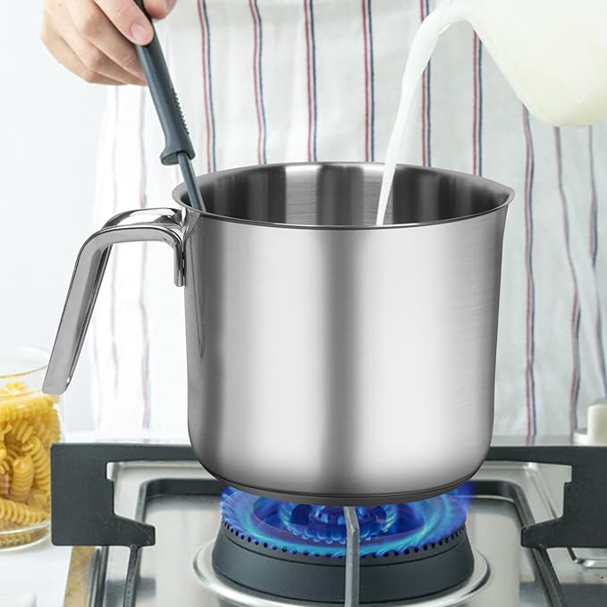 1.5 Quart Stainless Steel Saucepan with Pour Spout, Saucepan with Glass Lid, 6 cups Burner Pot with Spout - for Boiling Milk, Sauce, Gravies, Noodles