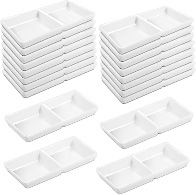 16 Pcs Dual Dipping Sauce Bowls with Two Compartments Melamine Soy Sauce Dish Divided Fondue Plates Party Trays for Kitchen Sushi Restaurant (White)