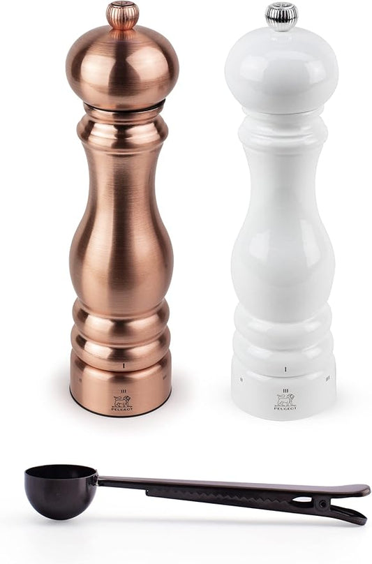 Peugeot Paris Chef Carbone u'Select Stainless Steel 22cm 9 inch Copper Pepper Mill w/White Lacquered Salt Mill- With Stainless Steel Spice Scoop/Bag Clip