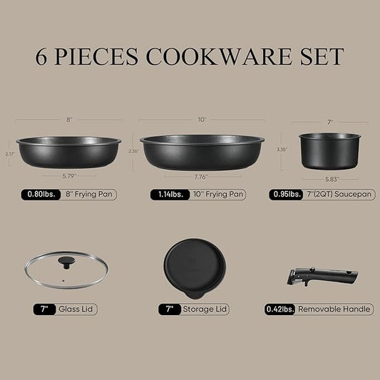 CAROTE 6pcs Pots and Pans Set Non Stick, Cookware Sets, Kitchen Set, Oven/Fridge Safe, Space Saving Pots Set, Nonstick Cooking Set with Versatile Detachable Handle, Induction RV Set, Jet Black