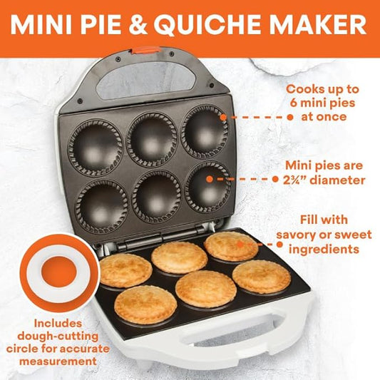 MasterChef Mini Pie & Quiche Maker- Thanksgiving Pie Baker Cooks 6 Small Pies or Quiches in Minutes- Non-stick Cooker w Dough Cutting Circle for Easy Measurement & Filling, Fall Cooking Must Have Gift