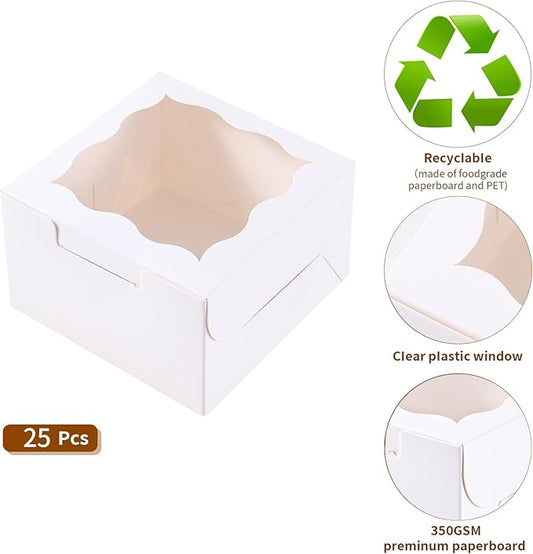 25pcs White Small Cake Box,4x4x2.5 Inch Bakery Boxes with Window,gift boxes bulk for Mini Cake Pastry Dessert Strawberries Chocolates Cupcakes with Stickers