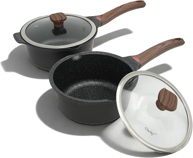 Vinchef New Nonstick Sauce Pot Set with Lids, 3QT Saucepan & 4QT Saucepot,Dishwasher Safe,Induction Compatible, Scratch/Stain Resistant, Stay-Cool Handles, PFAS-Free, Black