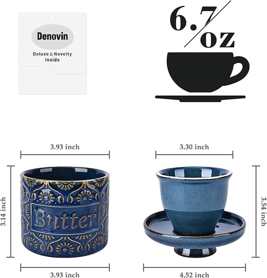 Butter Crock, Ceramic French Butter Dish with Lid for Countertop, Butter Keeper with Water Line for Fresh Spreadable Butter (Vintage Blue)