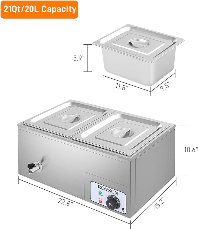 ROVSUN 21QT Electric Commercial Food Warmer, 110V 2-Pan Stainless Steel Bain Marie Buffet, 9.5 QT/Pan Stove Steam Table with Temperature Control & Lid for Parties, Catering, Restaurants