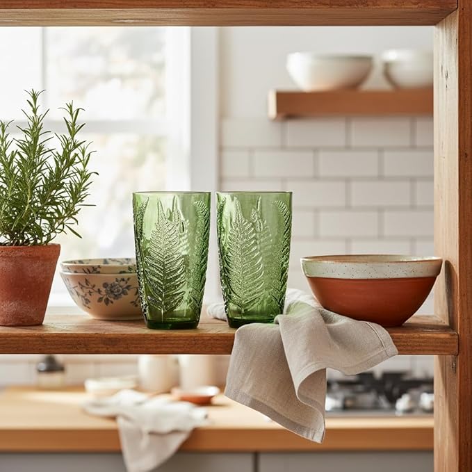 Vintage Green Drinking Glasses Set of 4 – 16 oz Hand-Blown Glass Tumblers, Heavy Textured Highball Cups, Antique-Style Colored Glassware, Retro Boho Aesthetic Drinkware – Unique Housewarming Gift