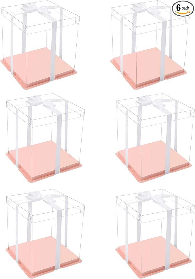 XININSUN pink clear cake box with ribbon,4inch 6inch cake boxes,small transparent cake box cake carrier,square cardboard cake containers clear gift boxes for wedding,birthday,party(6pcs)