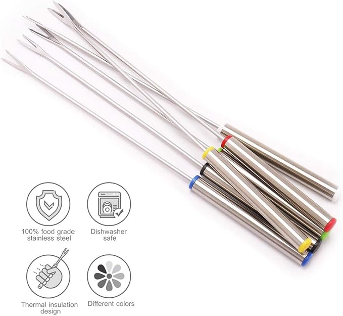 XATDOMESD 12 PCS Stainless Steel Fondue Forks, Heat Resistant Multicolor Coding Handle, 6 Colors x 2 Set, 9.5 Inch