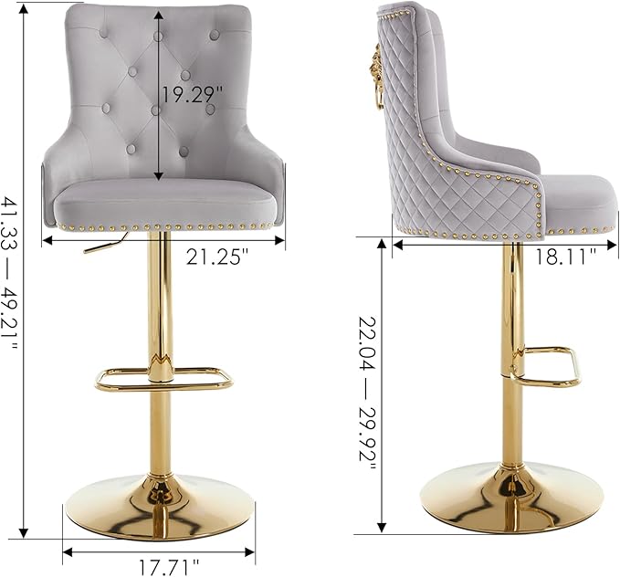 Velvet Gold Barstools Set of 2, Modern Counter Height Adjustable Swivel Stools Chairs with High Tufted Backrest Golden Base Lion Head Pull Ring Rivet Trim for Kitchen (Grey)