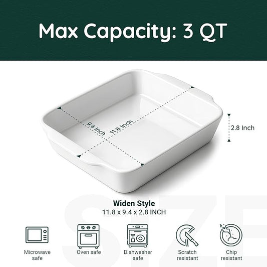 3 QT Wide Ceramic Baking Dish, White Casserole Dish with, Lasagna Pan for Oven, Ceramic Baking Pan, Kitchen Decor, Microwave Oven Safe, Dinner, Wedding(9.4" x 11.8")