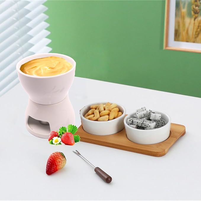 Fondue Pot Set with 4 Forks Ceramic Butter Warmer Set Premium Tea Light Porcelain Melting Pot for Chocolate Cheese Caramel