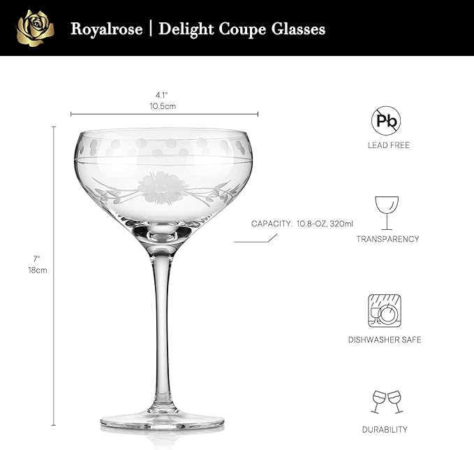 Royalrose Premium Delight Coupe Glasses Set of 4, 10.8 oz – Hand-Blown with Etched Long Stem, Classic Glassware for Weddings, Dinners, and Holiday Gifting (Coupe Glasses)