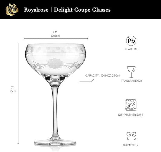 Royalrose Premium Delight Coupe Glasses Set of 4, 10.8 oz – Hand-Blown with Etched Long Stem, Classic Glassware for Weddings, Dinners, and Holiday Gifting (Coupe Glasses)