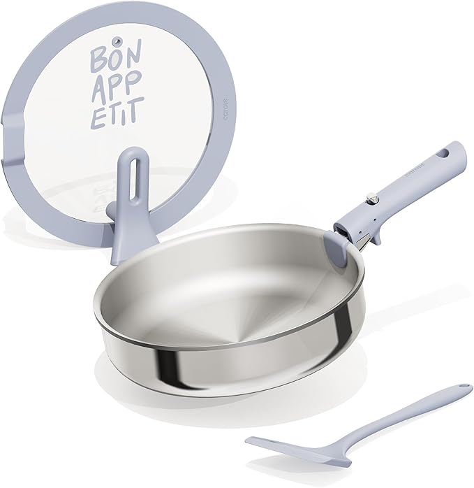 CAROTE Stainless Steel Saute Pan with Detachable Handle, 4QT Frying Pan with Lid, 4pcs Stainless Steel Pan, Non-Toxic Induction Kitchen Cookware, Stand-Up Lid, Oven Safe, Blue