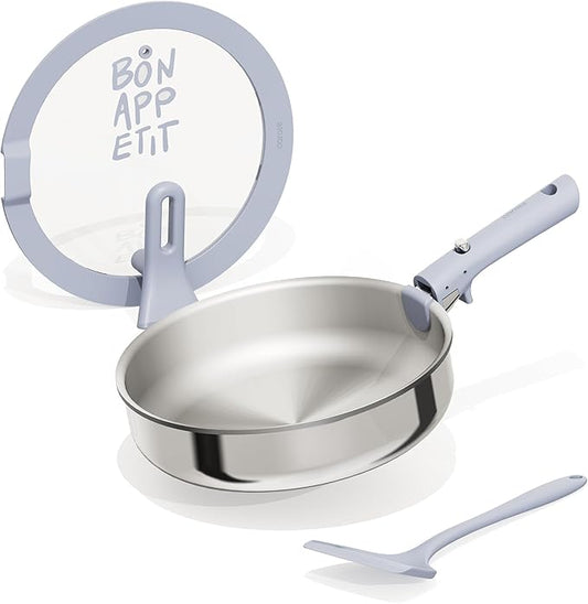 CAROTE Stainless Steel Saute Pan with Detachable Handle, 4QT Frying Pan with Lid, 4pcs Stainless Steel Pan, Non-Toxic Induction Kitchen Cookware, Stand-Up Lid, Oven Safe, Blue