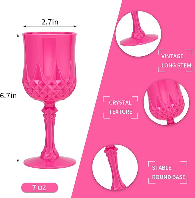 Plastic Vintage Wine Glasses 7OZ Plastic Goblets Vintage Drinking Glasses 12PCS Retro Wedding Glassware Water Goblets Reusable Drinking Cups for Party,Reception,Celebration,Bar,Whiskey(Rose Pink)