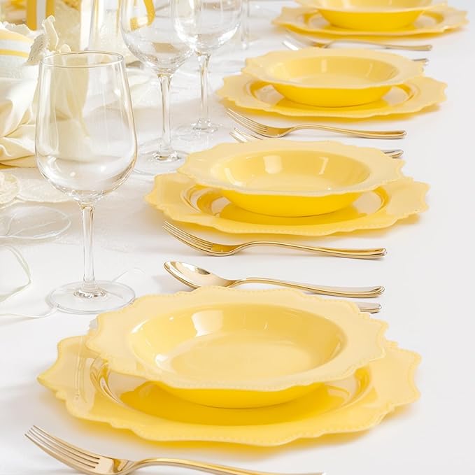 COLOSUS Yellow Plastic Party Bowls (60 Pack) 12 Oz Disposable Soup/Salad Bowl, Fancy Shatterproof Dinnerware for Easter, Catering, Holidays, Weddings, and Everyday Use