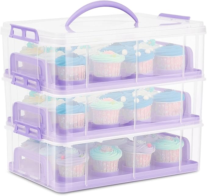 Flexzion 36 Cupcake Carrier 3 Tier Stackable Storage Container Collapsible Cake Carrier with Lid and Handle, Reusable Rectangular Plastic Dessert Travel Container, Display Holder Transport Box