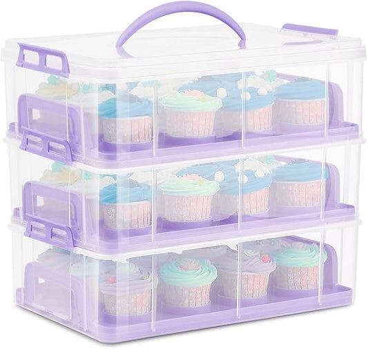 Flexzion 36 Cupcake Carrier 3 Tier Stackable Storage Container Collapsible Cake Carrier with Lid and Handle, Reusable Rectangular Plastic Dessert Travel Container, Display Holder Transport Box