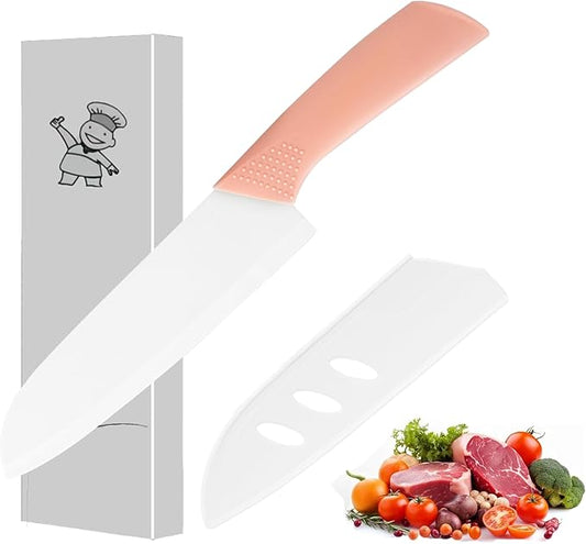 Ceramic Santoku Knife 7 Inch - High-Precision Blade for Meats, Fruits, and Vegetables - Durable with Protective Sheath - Pink