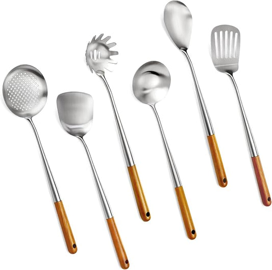 16.6 inch Stainless Steel Kitchen Utensils Set with Wood Handle, 6pcs Long Metal Cooking Utensils Set for Commercial Includes Wok Spatula, Ladle, Skimmer, Slotted Turner, Spoon
