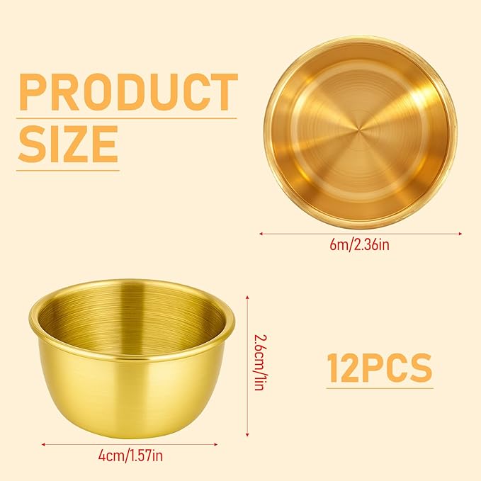 12 Pcs Gold Stainless Steel Dipping Sauce Cup 2.5 oz Ramekin Sauce Dipping Bowl Mini Saucers Dishes Plates Round Dippin g Bowls for Ketchup Dressing Home Party Restaurant Kitchen, Gold