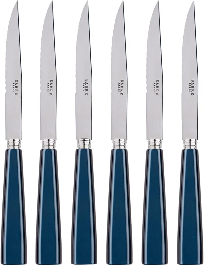 Set of 6 Serrated Steak Knives - Icône Collection - Meat Knives - Stainless Steel & Acrylic - Dishwasher Safe - Midnight Blue