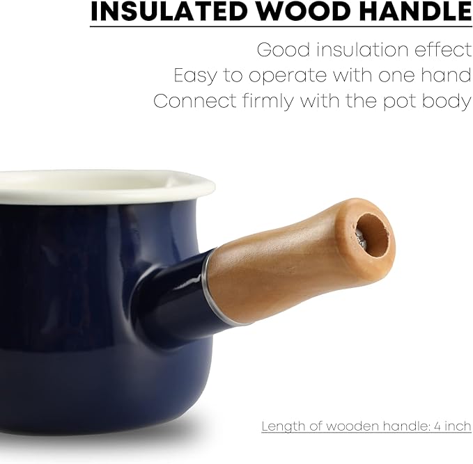 0.6qt Mini Enamel Milk Pot Insulated Wooden Handle 2 Pour Spouts Small Food Warmer Cute Saucepan(D015,Blue) …