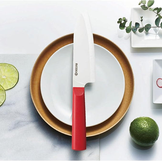 KYOCERA INNOVATIONwhite 5.5" Ceramic Santoku Knife - White Z212 Blade with Non-Slip Red Handle