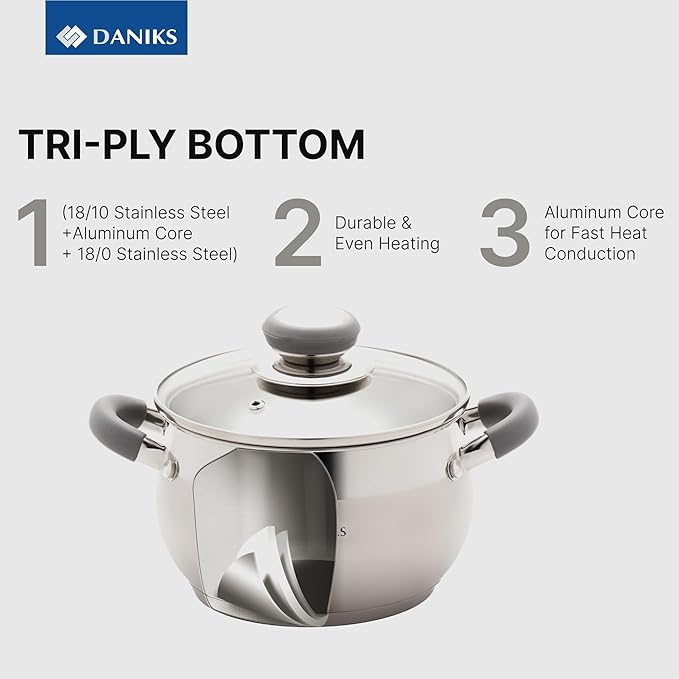Daniks Modern 6-Piece Stainless Steel Induction Cookware Set – Dishwasher Safe Pots with Heatproof Handles, Glass Lids, Silver